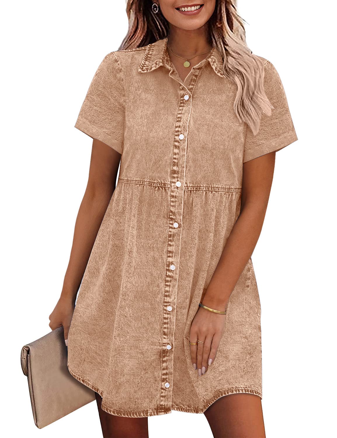 GRAPENT Denim Dress for Women Babydoll Tiered Short Sleeve Button Down Jean Shirt Dresses