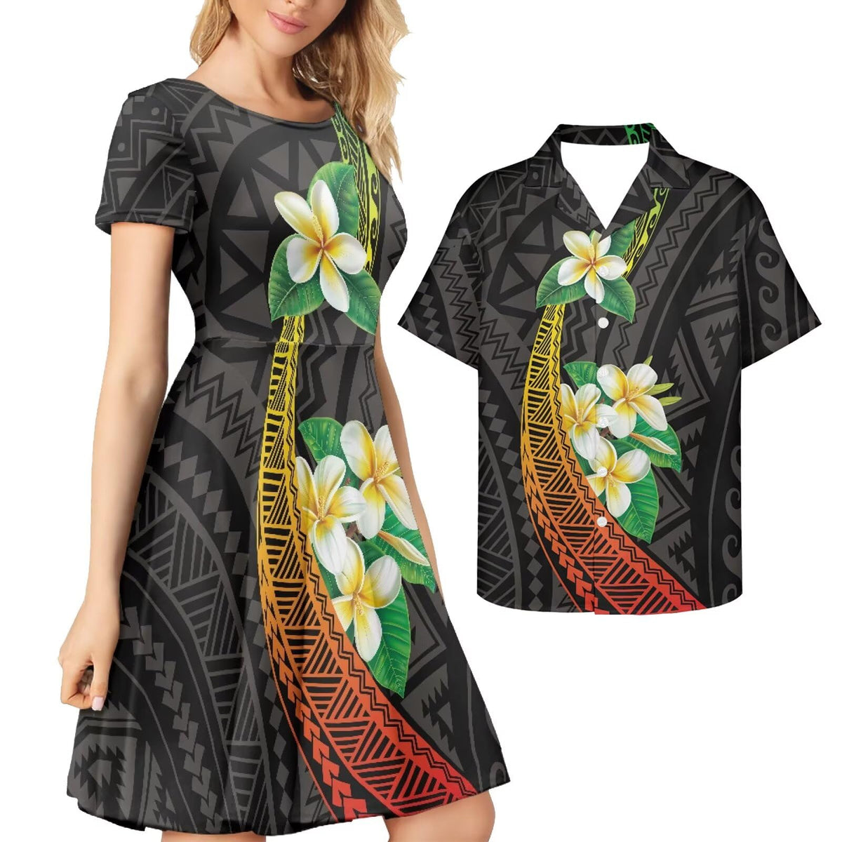 AmzPrint Couple Christmas Shirt and Dress Womens Elegant Short Sleeve Round Neck Cocktail Party Green Xmas Swing Dress