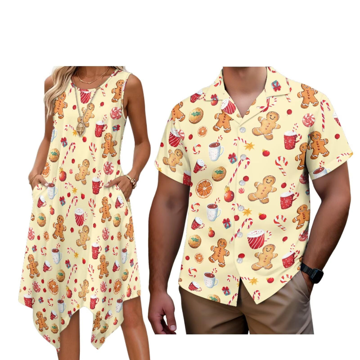 Matching Hawaiian Outfits for Couples Womens Asymmetrical Midi Dress Mens Beach Shirts Short Sleeve Button Up Shirt