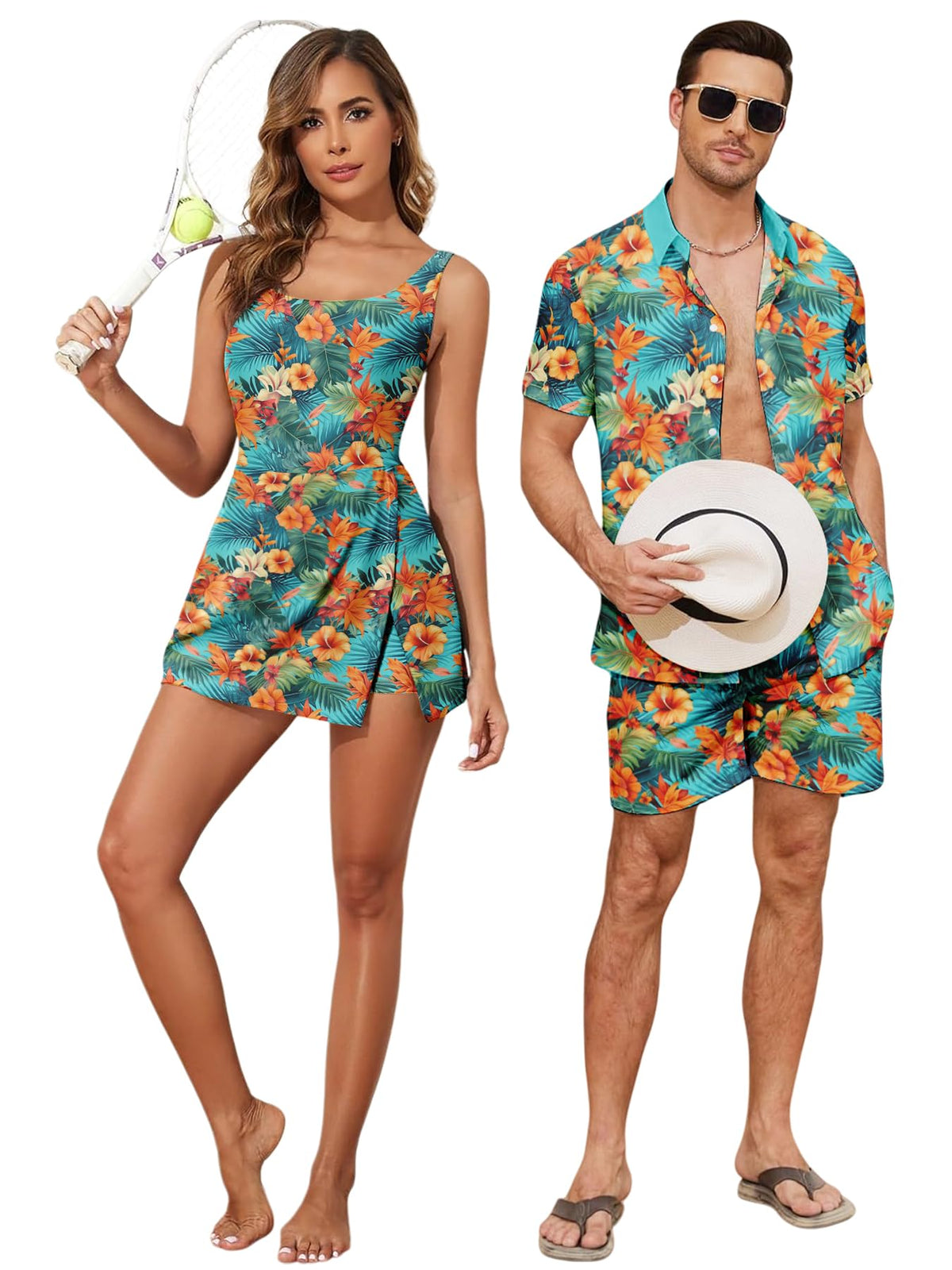 Matching Hawaiian Outfits Beach Vacation for Couples Tropical Print Women One Piece Swimwear or Men Shirt Suit