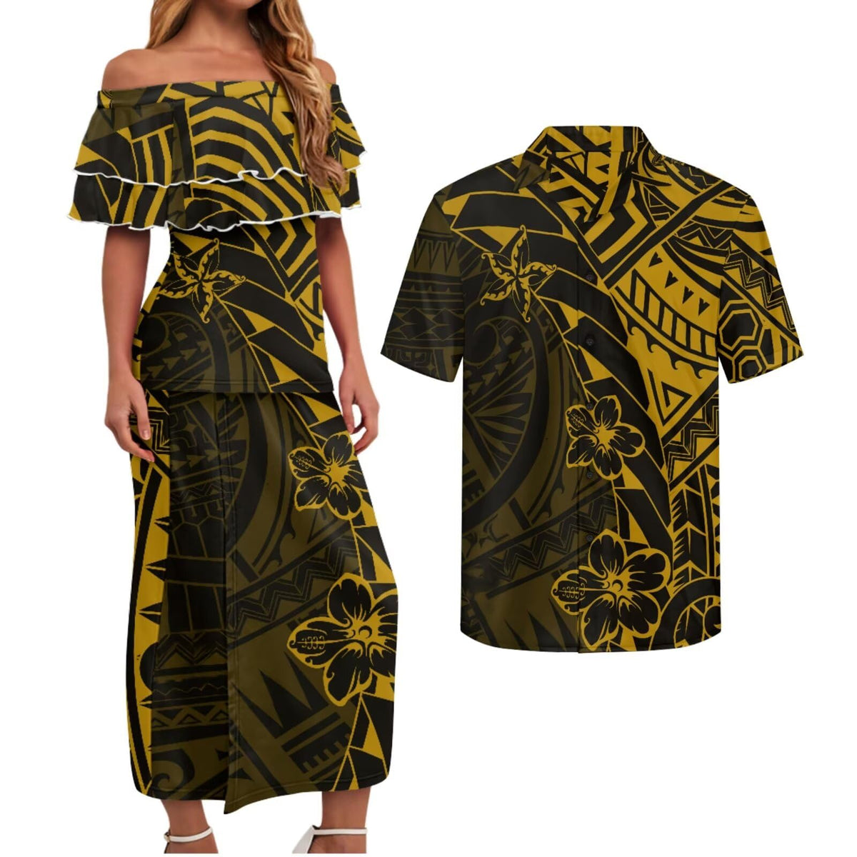 Polynesian Couples Matching Outfits Short Sleeve Puletsai Samoan Traditional Dress & Man Shirts