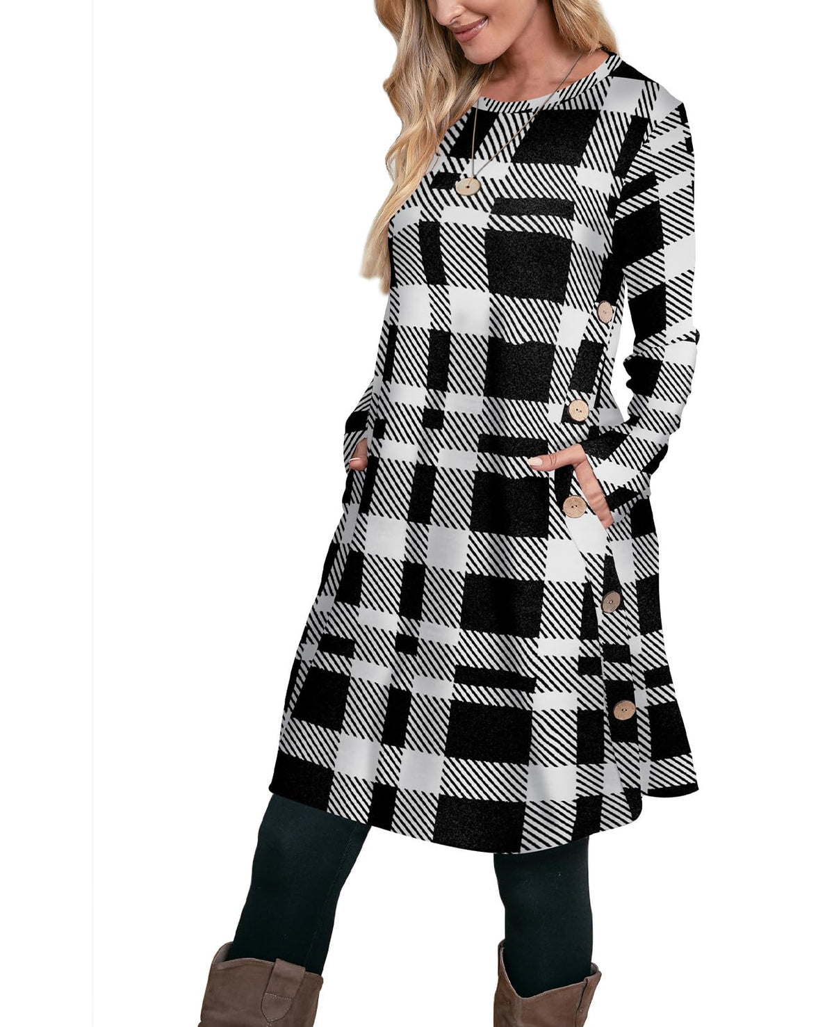 OFEEFAN Fall Dresses for Women 2026 Crew Neck Long Sleeve Dress with Pockets