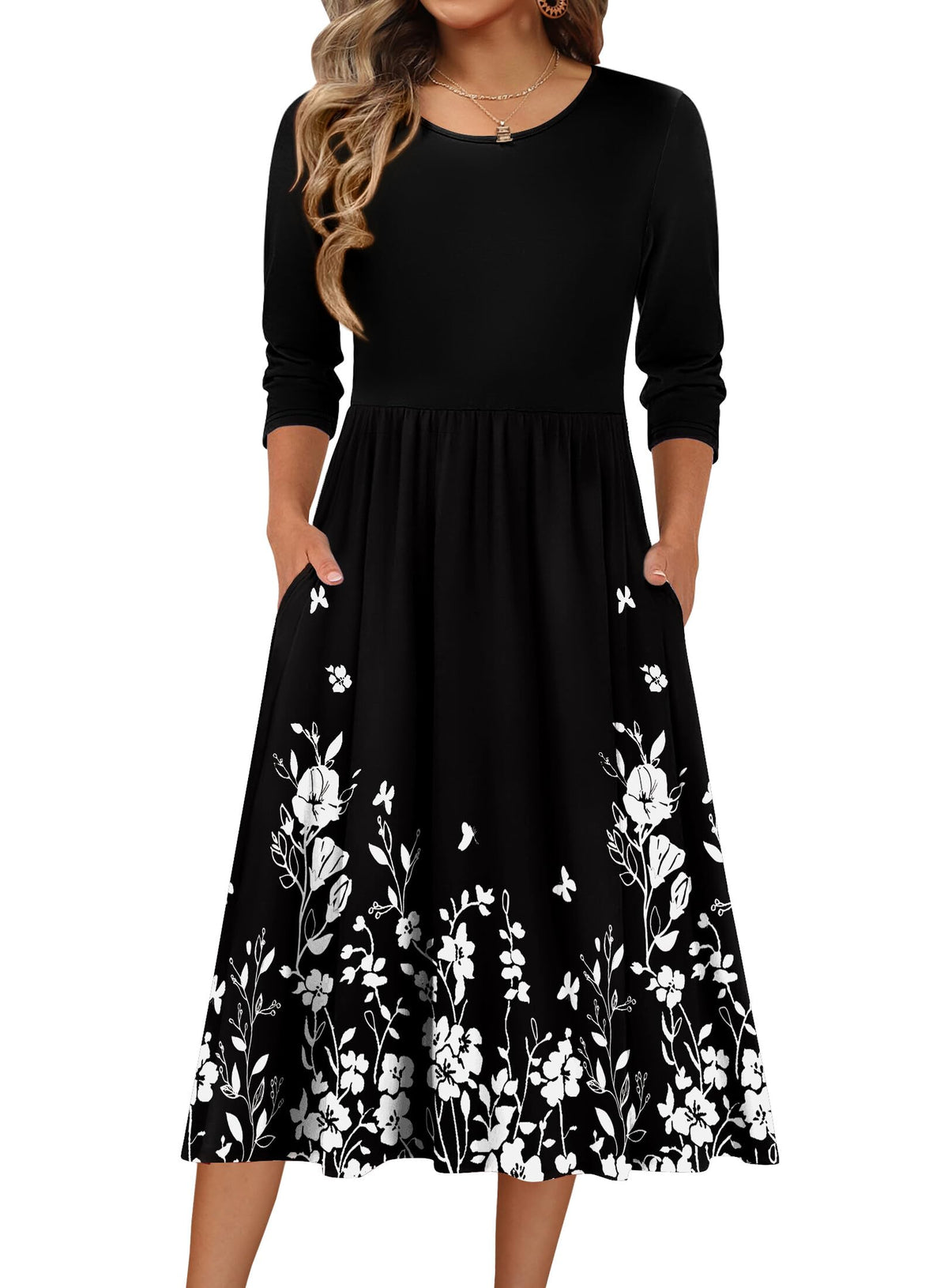 Zeagoo 3/4 Sleeve Women's Dress Casual Aline Summer Fall Midi Long Dresses