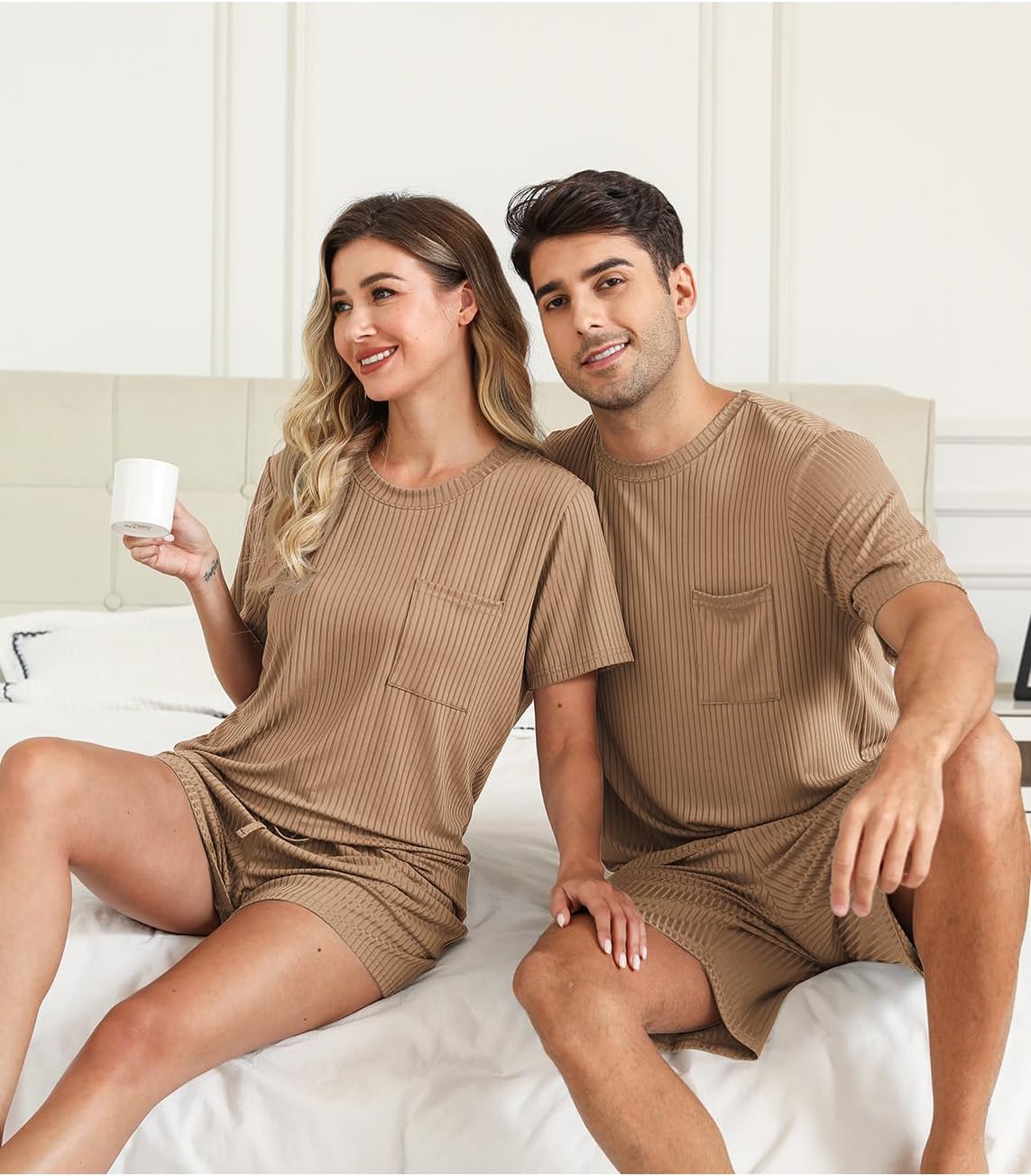 EISHOPEER Matching Pajamas for Couples 2 Piece Lounge Set Ribbed Knit Pajama Matching Tops and Shorts Soft Sleepwear S-XXL