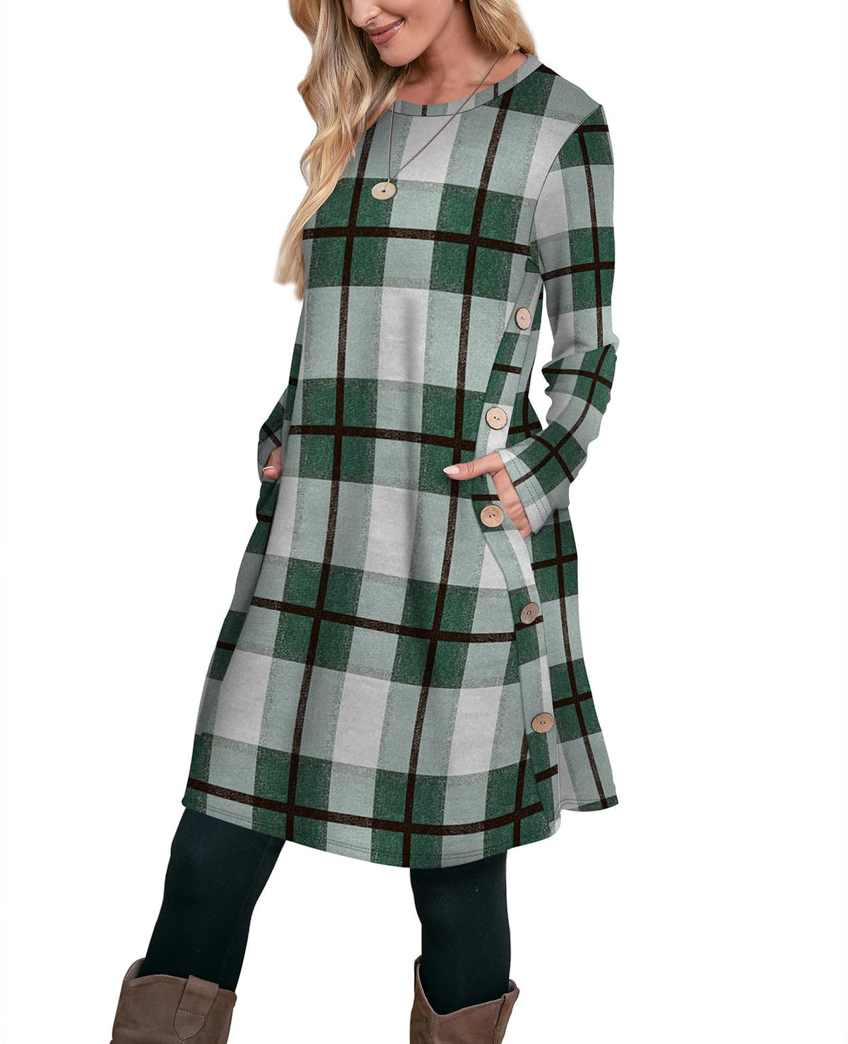 OFEEFAN Fall Dresses for Women 2026 Crew Neck Long Sleeve Dress with Pockets