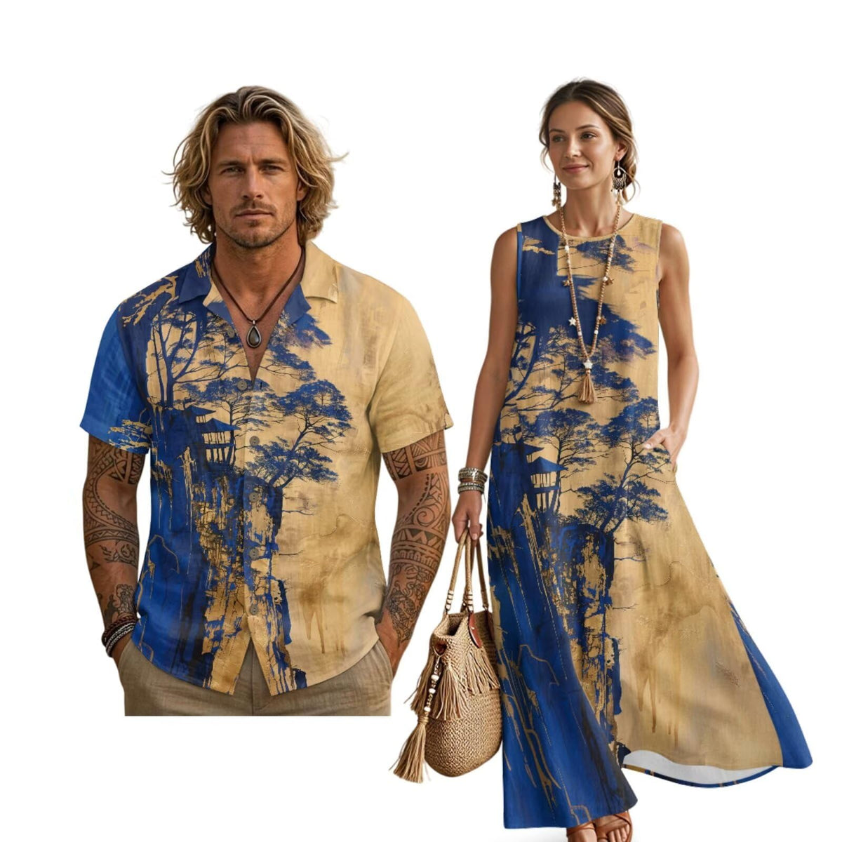 Women's Summer Dresses Sleeveless Sundresses, Men's Button Down Short Sleeve Shirts, Linen Couple Matching Outfits