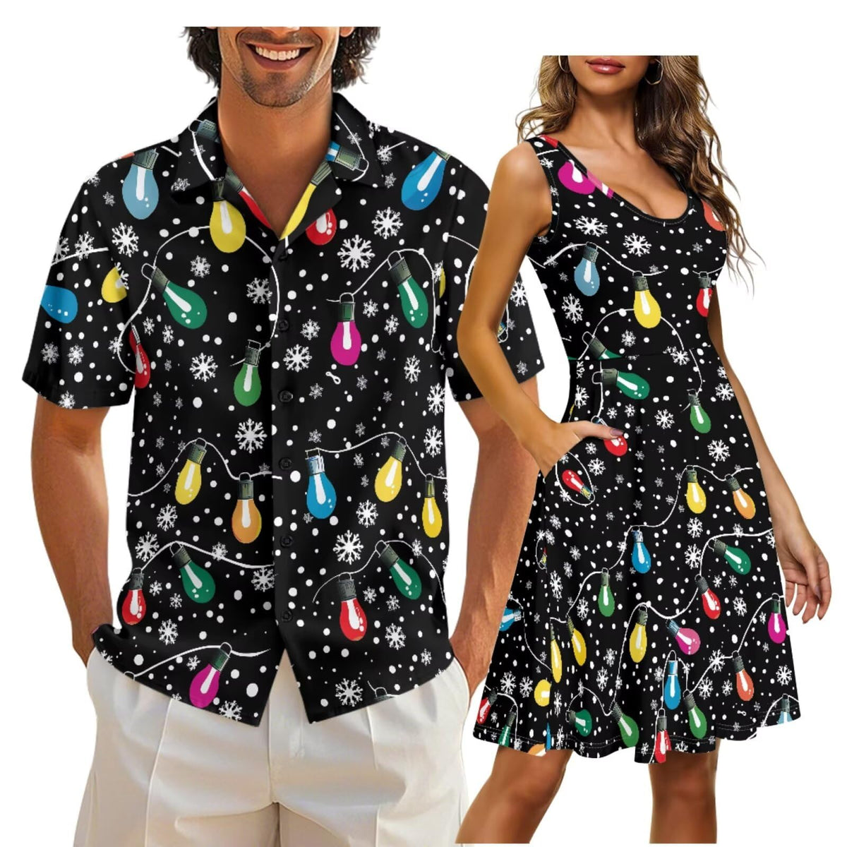 Cozeyat Matching Hawaiian Outfits for Couples Mens Button Up Polos Shirt and Women Sleeveless Sundress with Pockets
