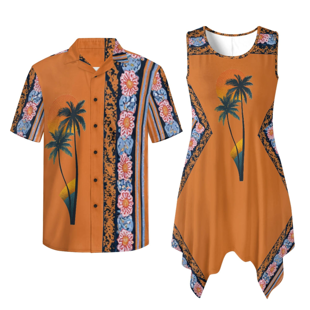 TOADDITDO Couple Shirts and Dress Matching Outfit Womens Sleeveless Flared Mini Sundress or Mens Buttons Hawaiian Aloha Shirt
