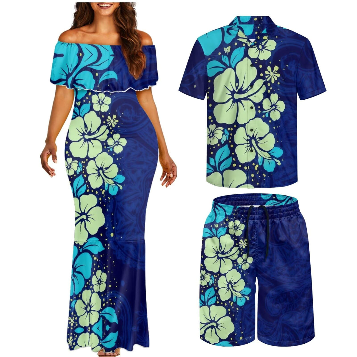Matchable Couple Hawaiian Polynesian Puletasi Samoa Womens Dress with Mens Shirt and Mens Shorts Couple Set
