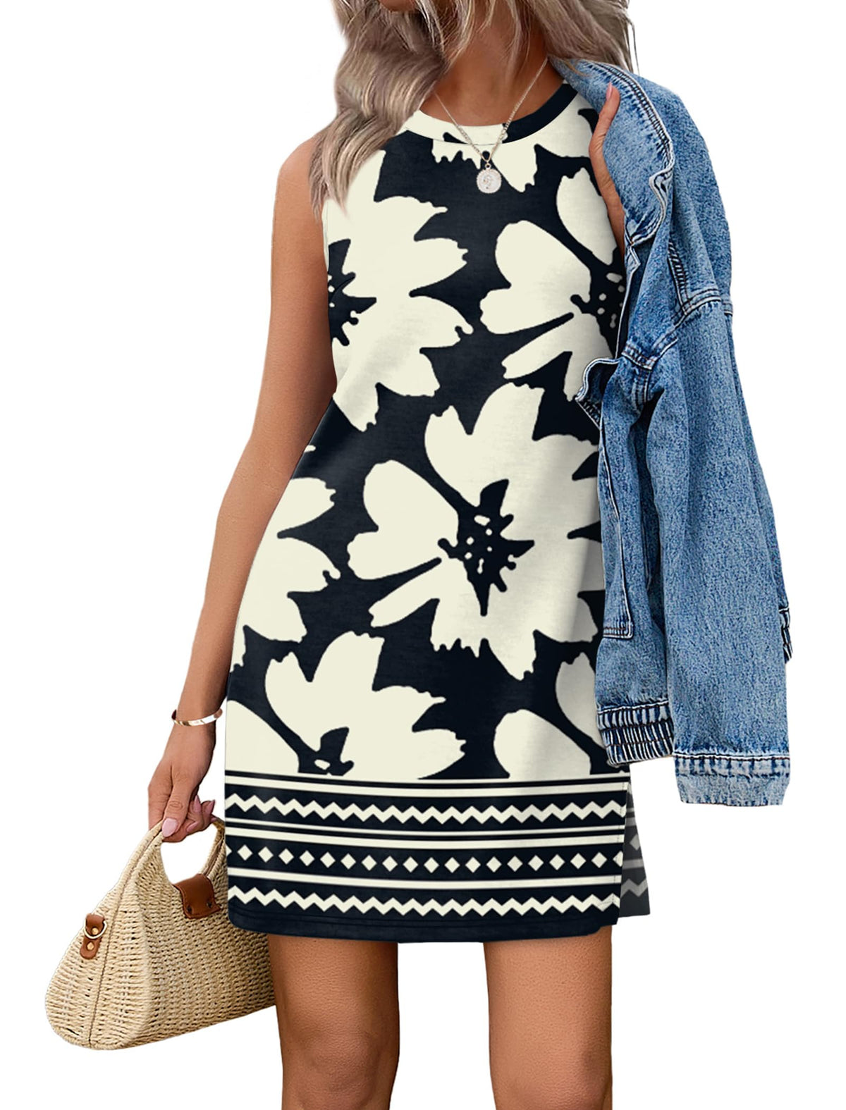 WIHOLL Casual Dresses for Women Crewneck Sleeveless Tank Dress Summer Spring Boho Vacation Clothes