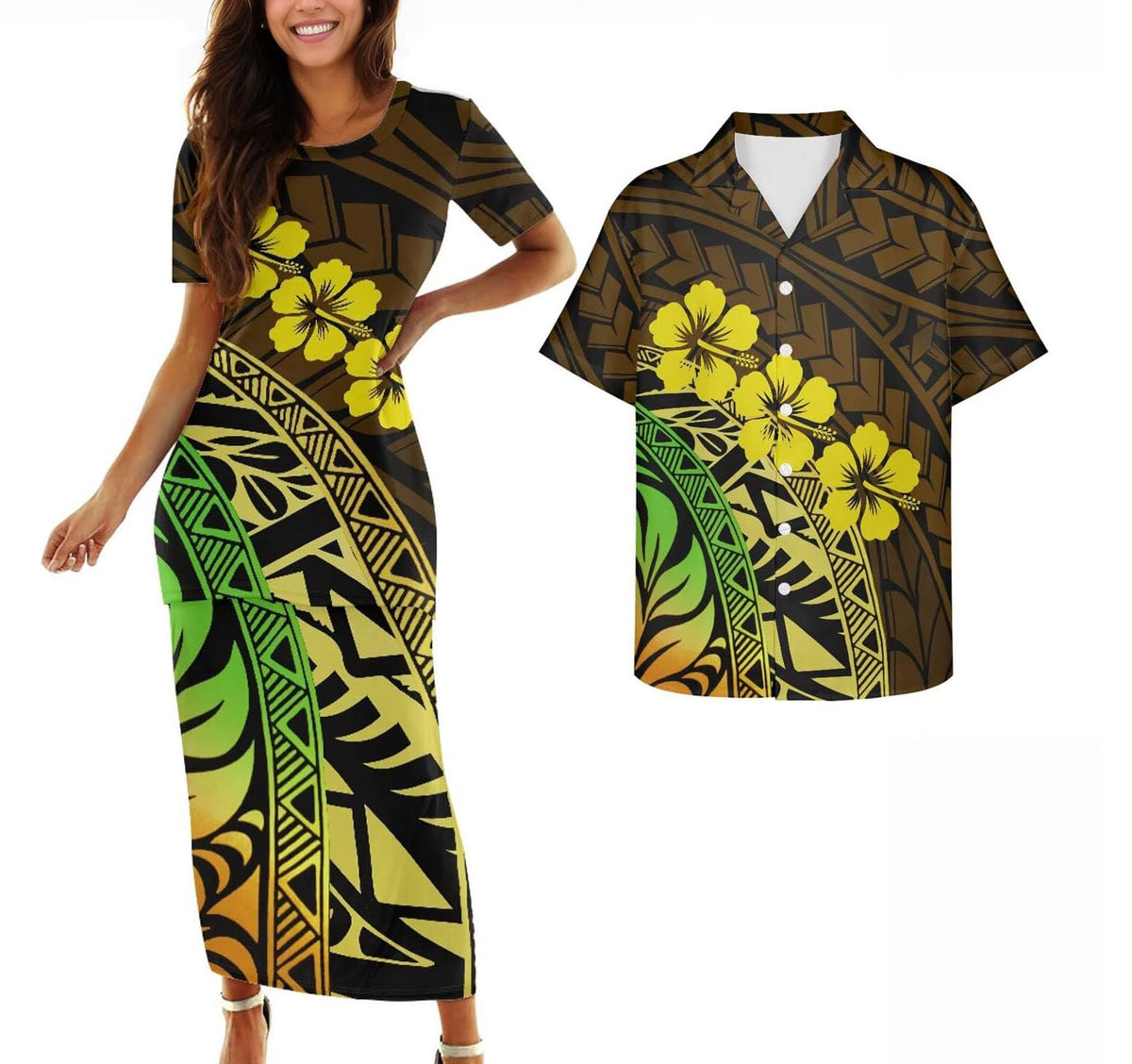 Samoa Couple Outfit Polynesian Dress for Women Traditional Puletasi Shirts for Men Beach Lava Lava Luau