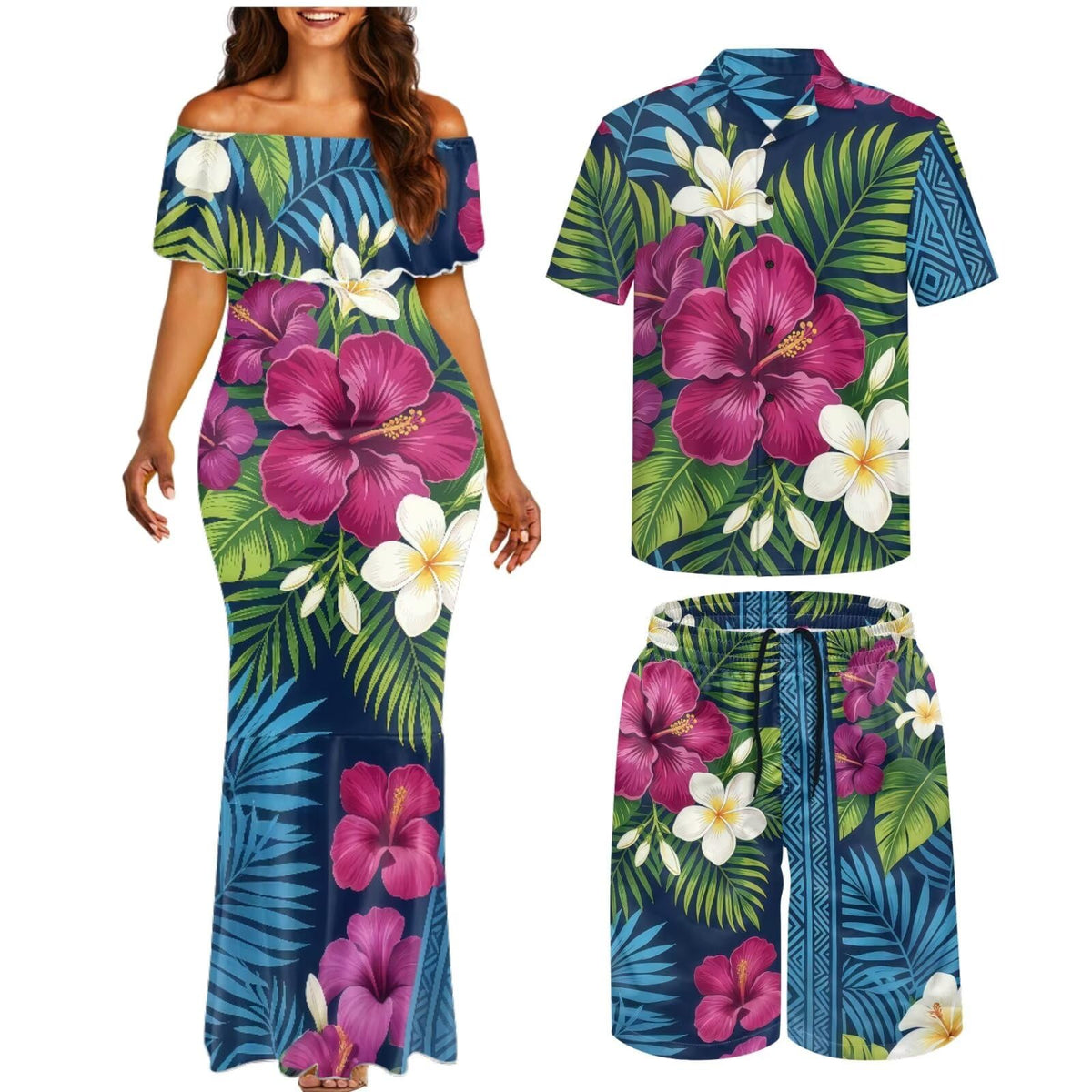 Matchable Couple Hawaiian Polynesian Puletasi Samoa Womens Dress with Mens Shirt and Mens Shorts Couple Set