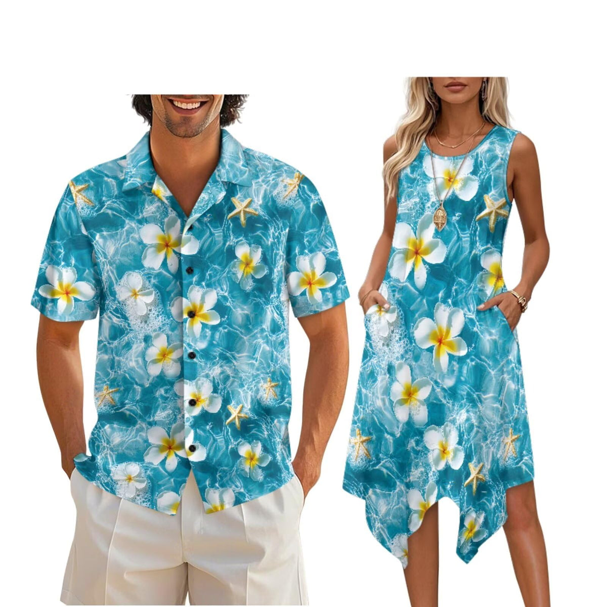 doginthehole Matching Hawaiian Outfits for Couples Men's Button Down Shirt Sleeveless Sundresses Summer Dress for Women
