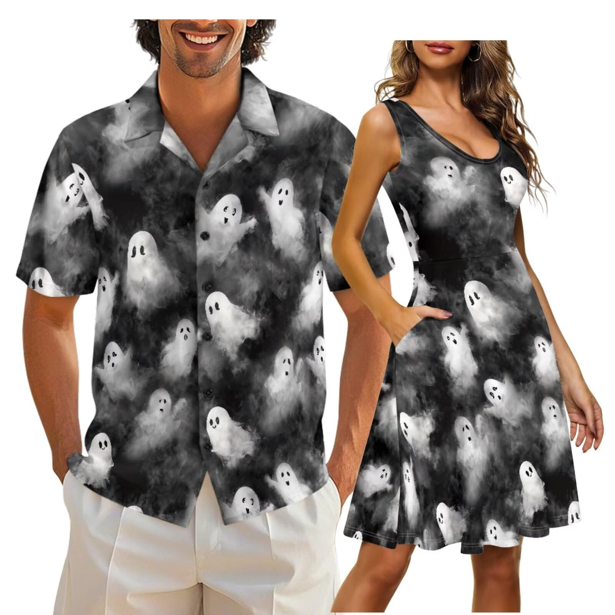 Cozeyat Matching Hawaiian Outfits for Couples Mens Button Up Polos Shirt and Women Sleeveless Sundress with Pockets