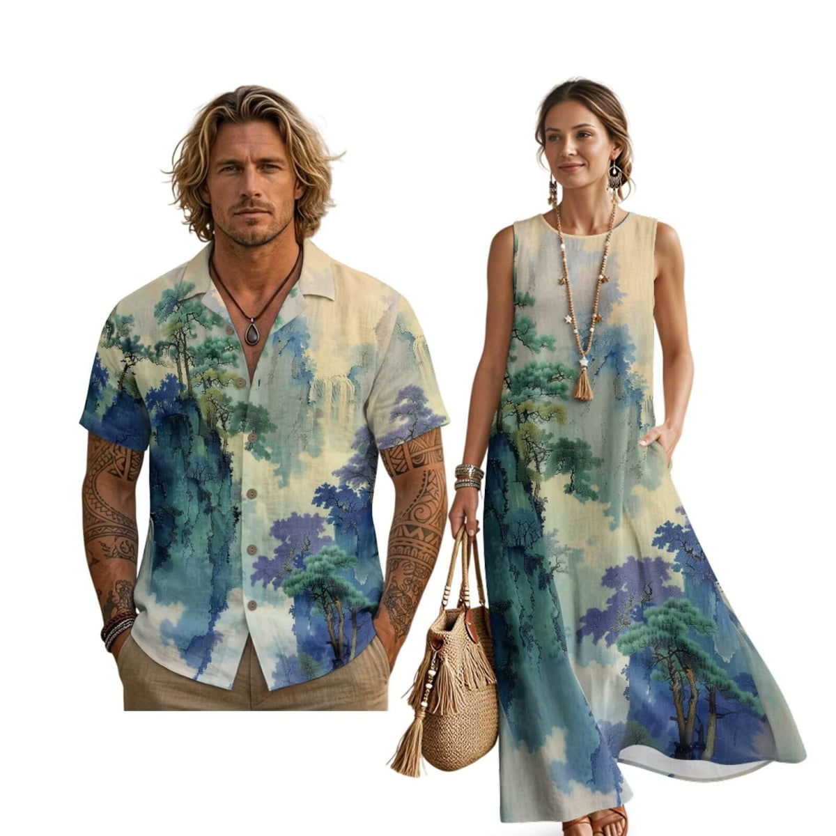 Women's Summer Dresses Sleeveless Sundresses, Men's Button Down Short Sleeve Shirts, Linen Couple Matching Outfits