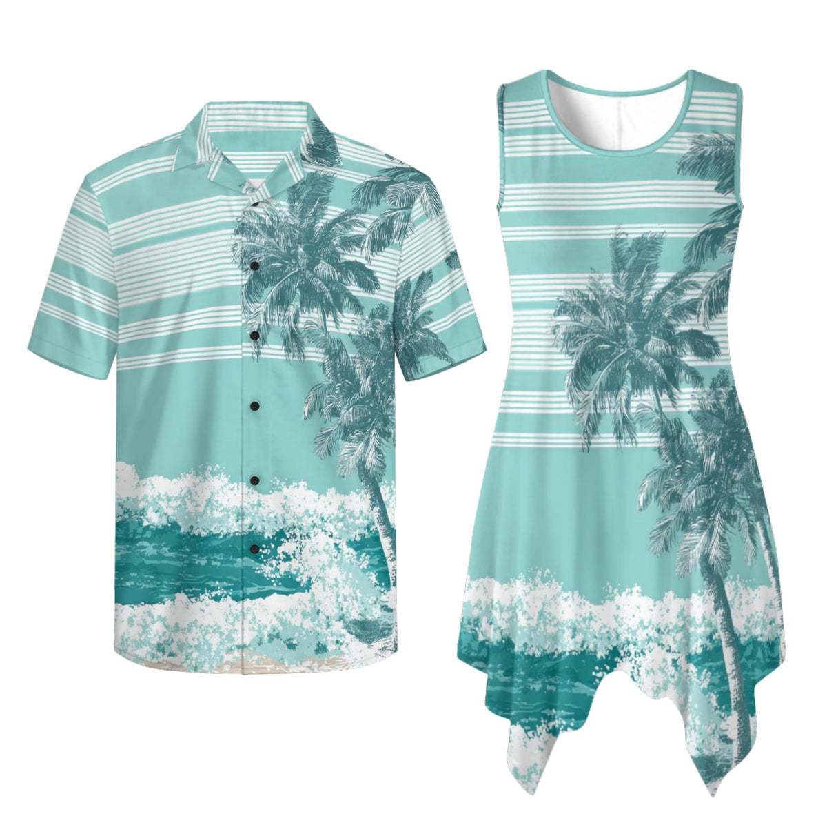 TOADDITDO Couple Shirts and Dress Matching Outfit Womens Sleeveless Flared Mini Sundress or Mens Buttons Hawaiian Aloha Shirt