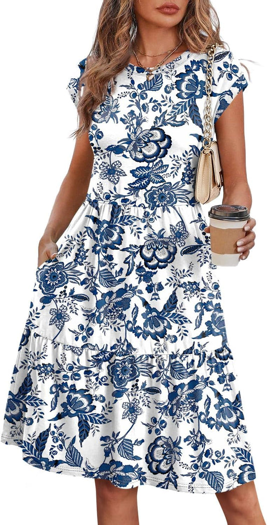 WIHOLL Summer Dresses for Women 2026 Cap Sleeve Casual Sundresses Floral Tiered Swing Fashion Beach Vacation Dress