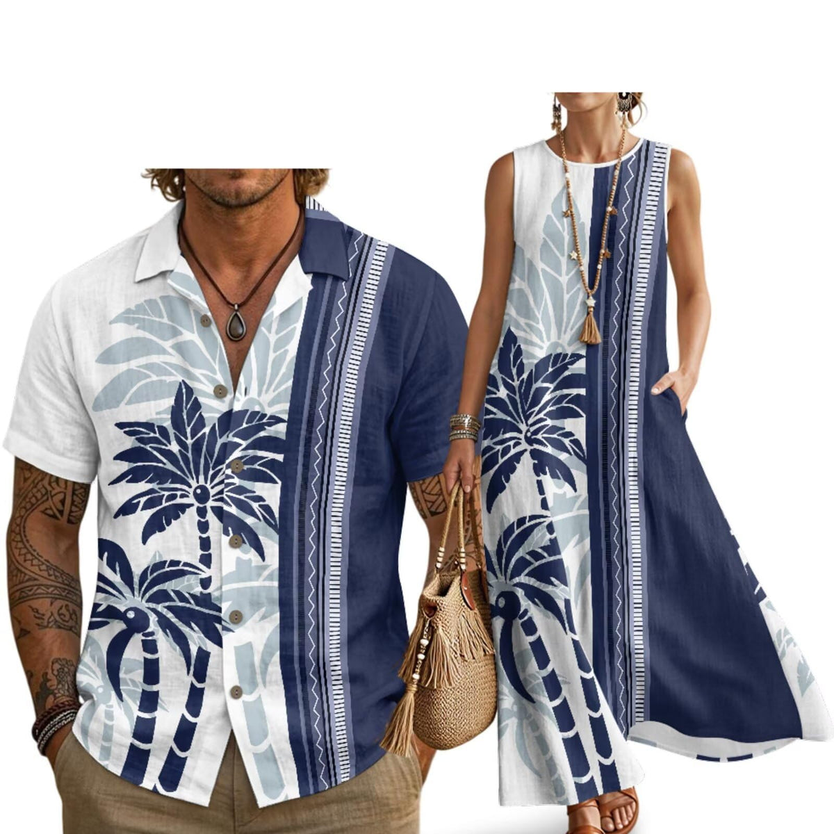 Husband and Wife Clothes Linen Casual Shirt for Men Maxi Dress for Women Summer Dress Matching Vacation Clothes