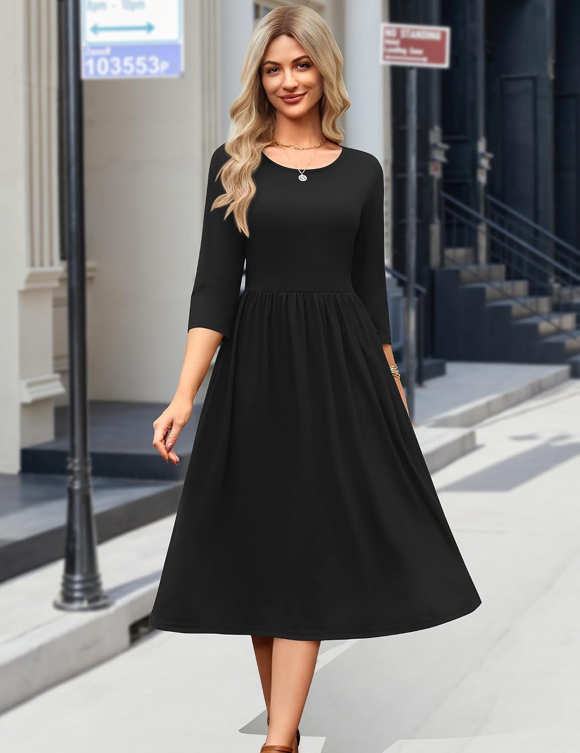 Zeagoo 3/4 Sleeve Women's Dress Casual Aline Summer Fall Midi Long Dresses