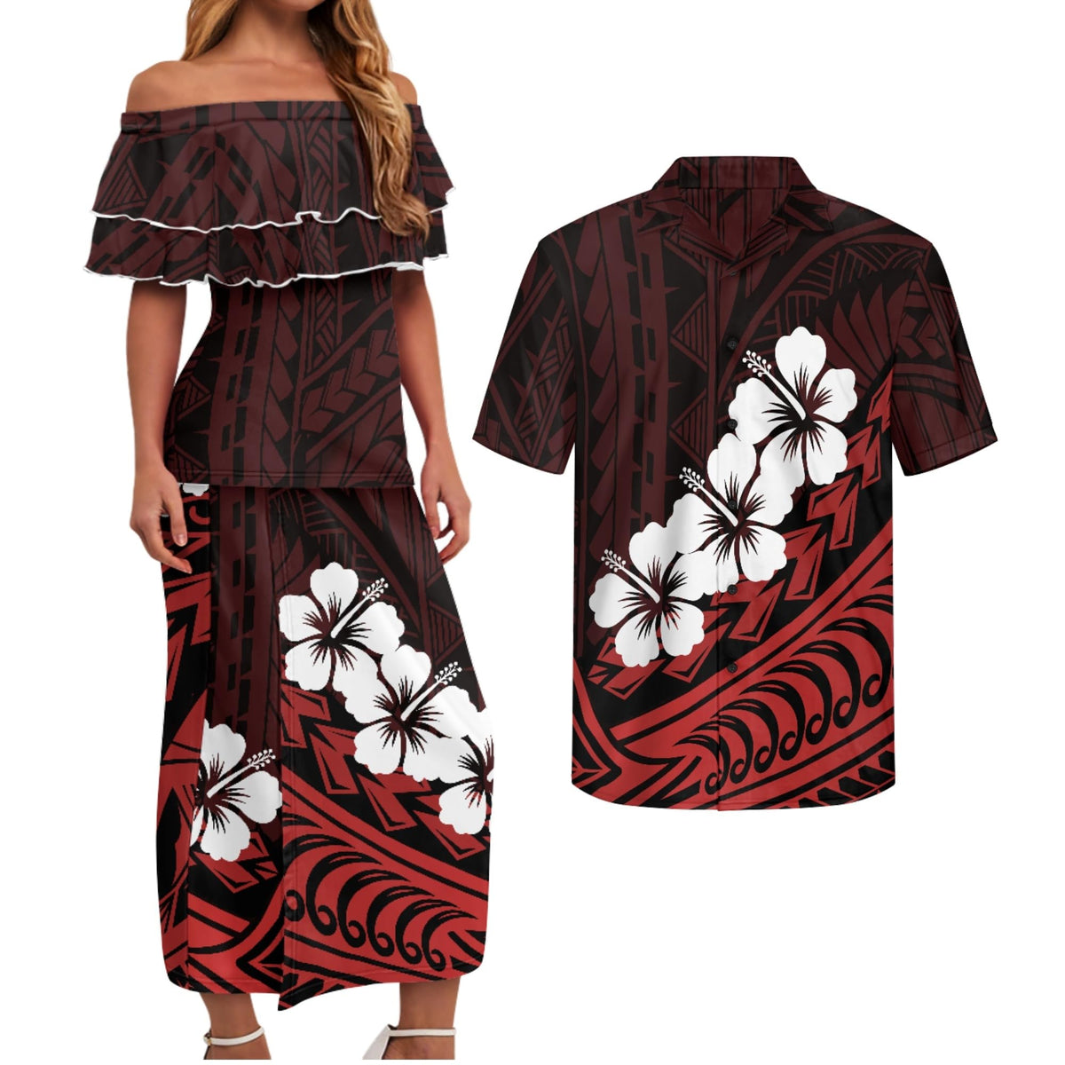 Polynesian Couples Matching Outfits Short Sleeve Puletsai Samoan Traditional Dress & Man Shirts