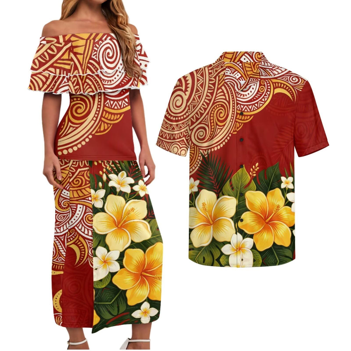 Polynesian Couples Matching Outfits Short Sleeve Puletsai Samoan Traditional Dress & Man Shirts
