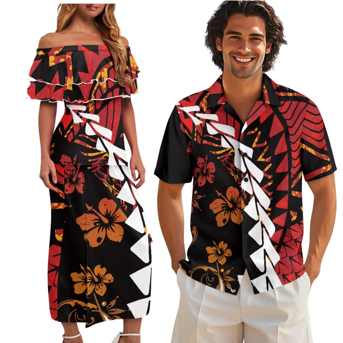 Polynesian Couples Matching Outfits Short Sleeve Puletsai Samoan Traditional Dress & Man Shirts