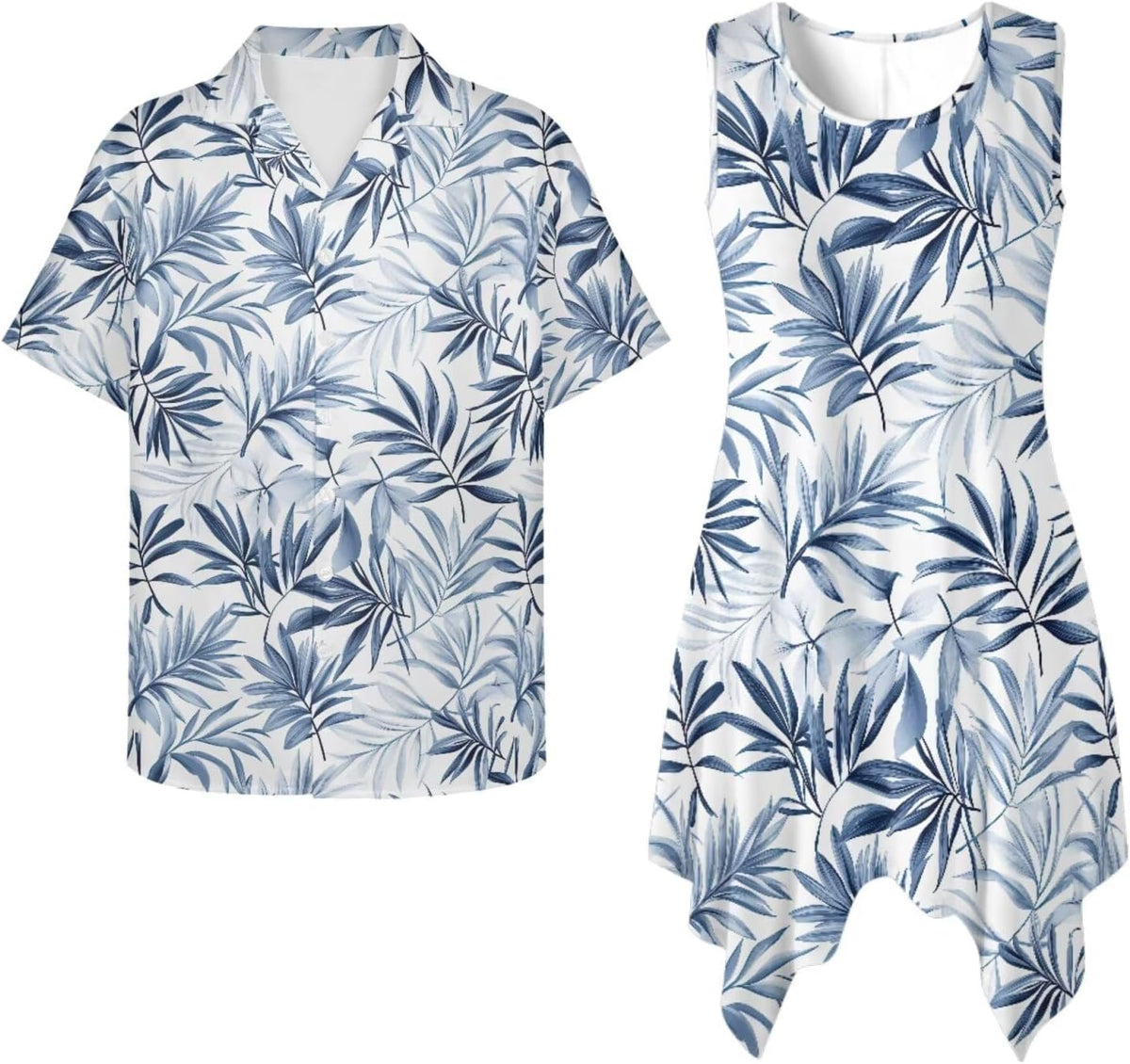Matching Hawaiian Outfits for Couples Womens Asymmetrical Midi Dress Mens Beach Shirts Short Sleeve Button Up Shirt