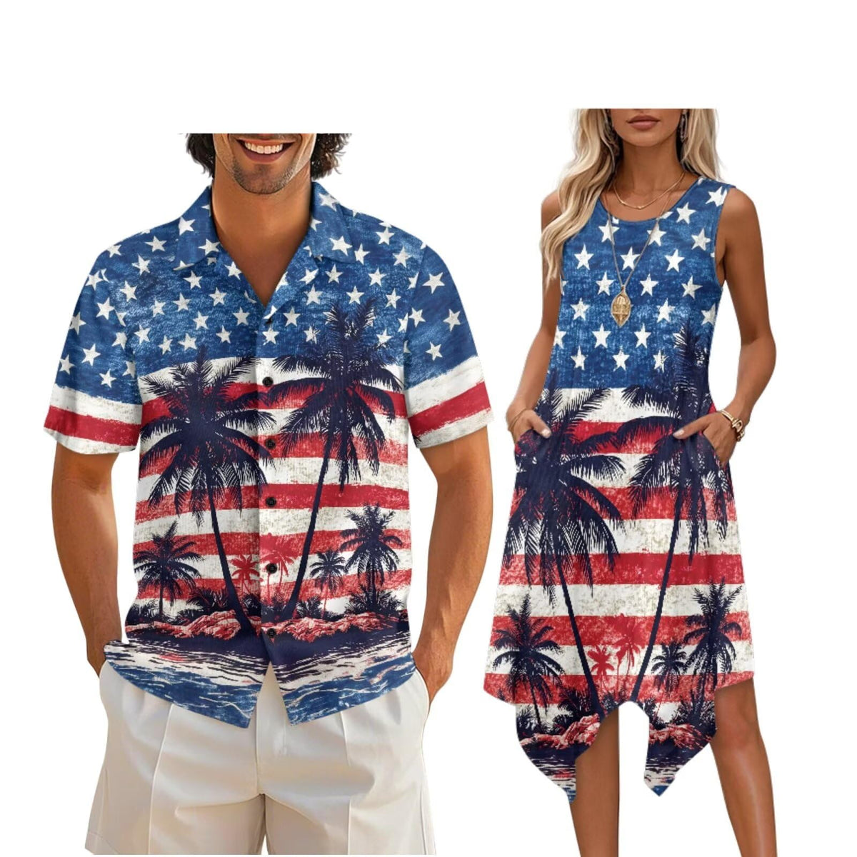 doginthehole Matching Hawaiian Outfits for Couples Men's Button Down Shirt Sleeveless Sundresses Summer Dress for Women