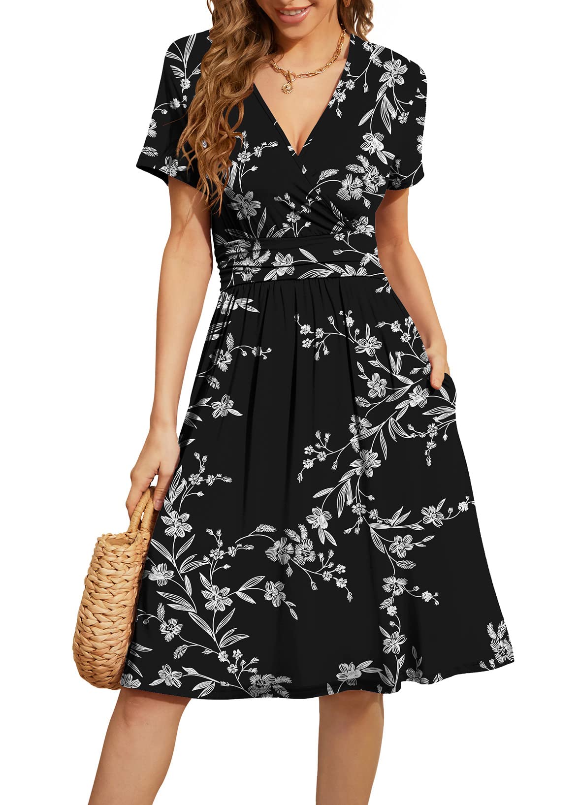 WEACZZY Women's Summer Short Sleeve Casual Dresses V-Neck Floral Party Dress with Pockets