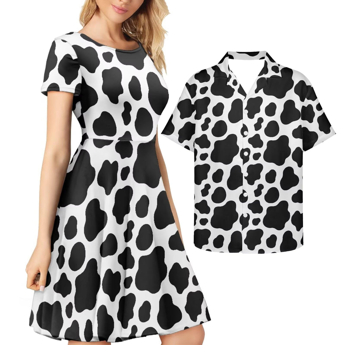 AmzPrint Couple Christmas Shirt and Dress Womens Elegant Short Sleeve Round Neck Cocktail Party Green Xmas Swing Dress