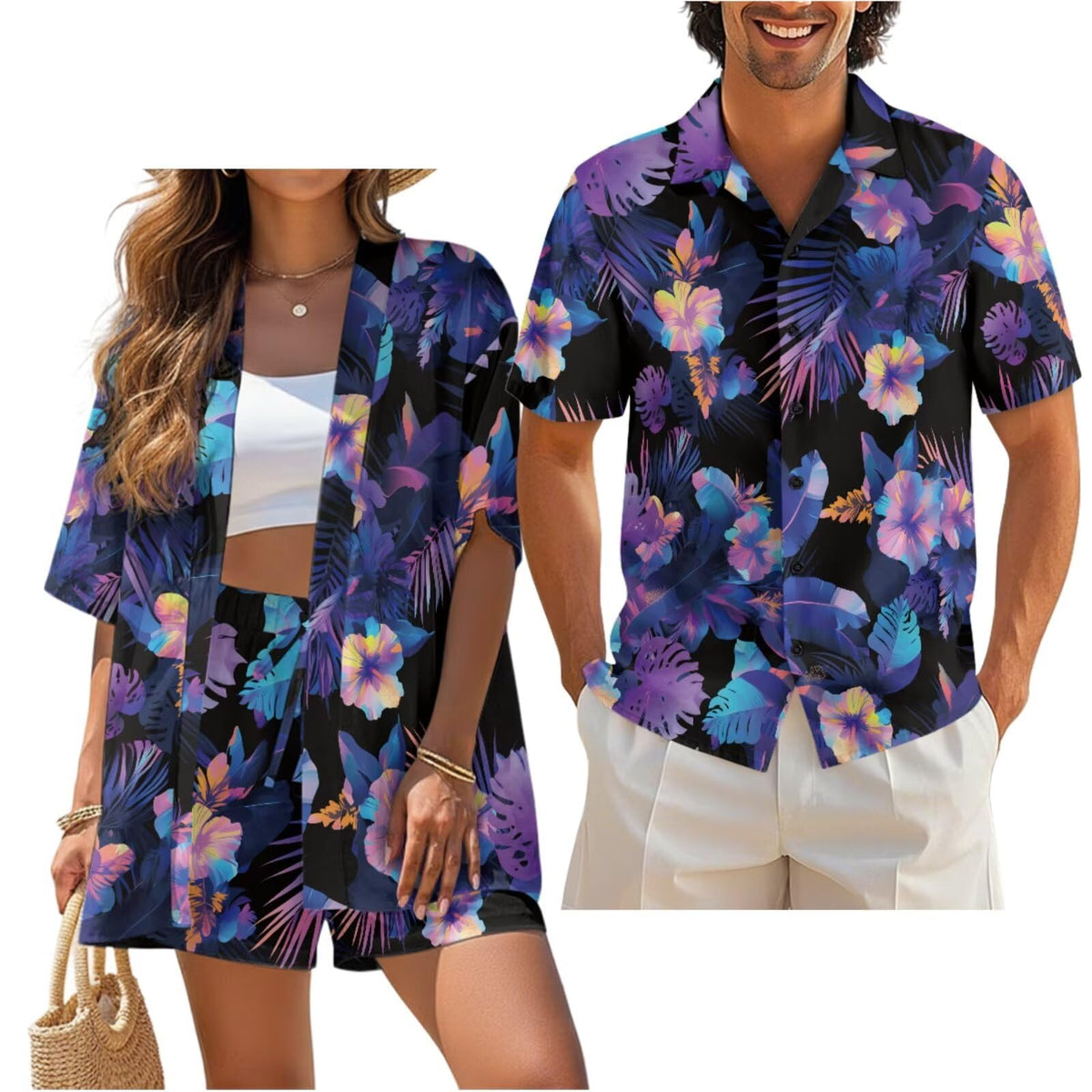 Matching Hawaiian Outfits for Couples Beach Sets Women 2 Piece Outfits Vacation Sets Men Shirt for Luau Party