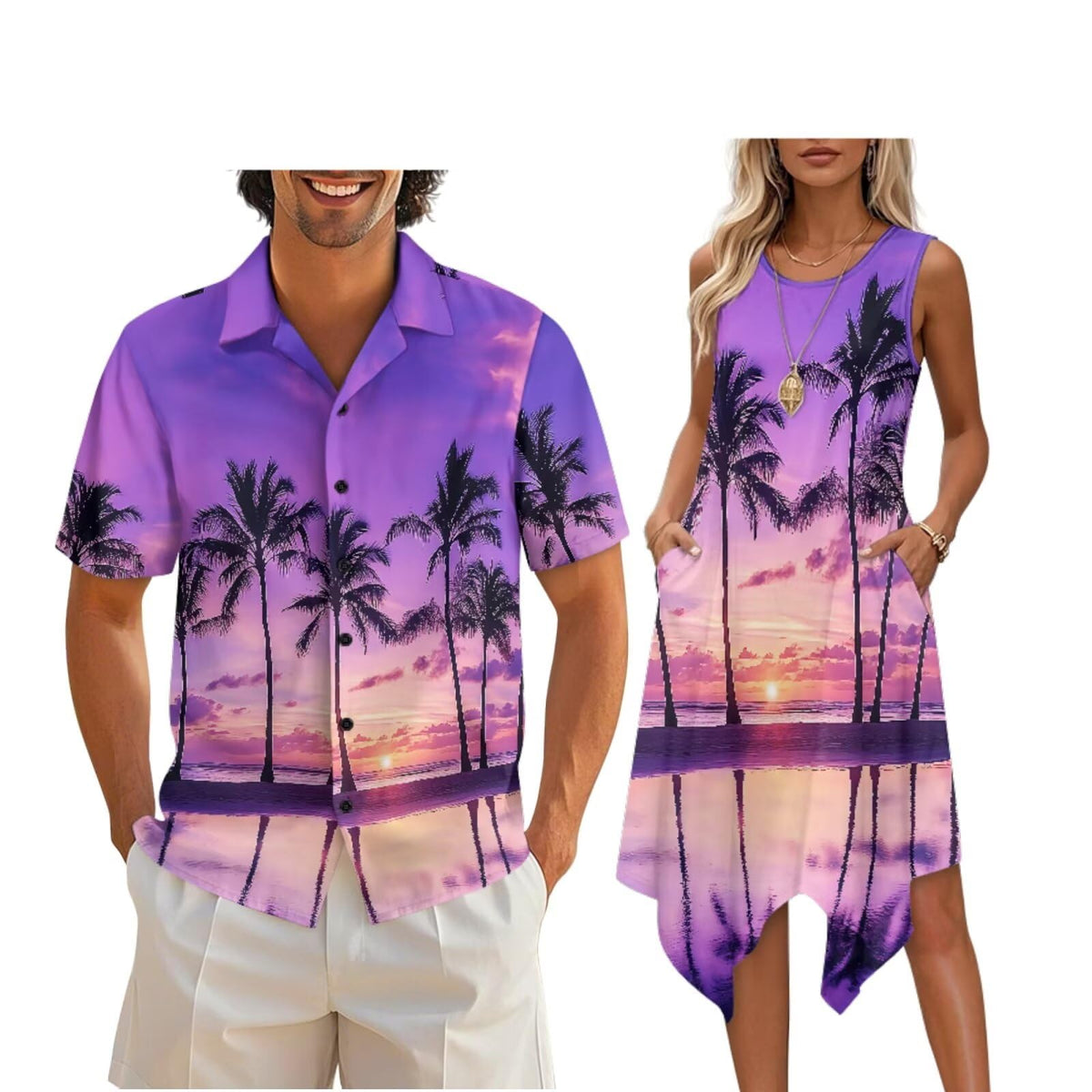 doginthehole Matching Hawaiian Outfits for Couples Men's Button Down Shirt Sleeveless Sundresses Summer Dress for Women