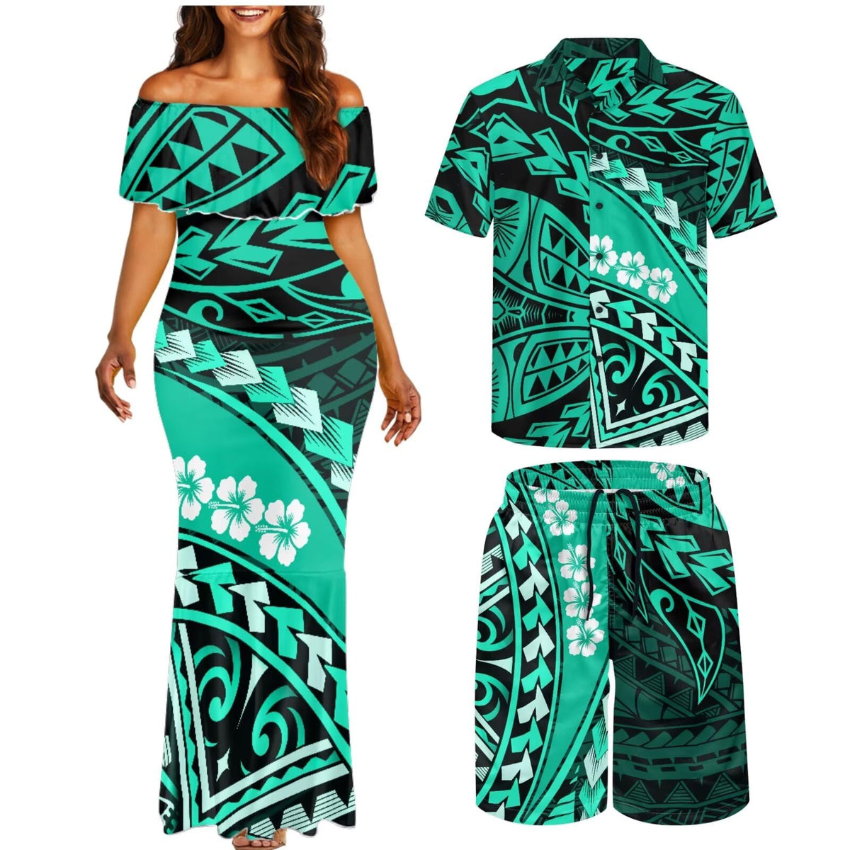 Matchable Couple Hawaiian Polynesian Puletasi Samoa Womens Dress with Mens Shirt and Mens Shorts Couple Set