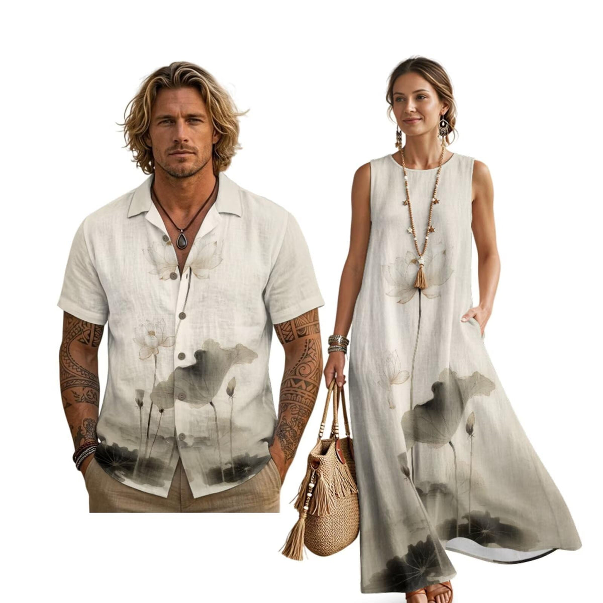 Women's Summer Dresses Sleeveless Sundresses, Men's Button Down Short Sleeve Shirts, Linen Couple Matching Outfits