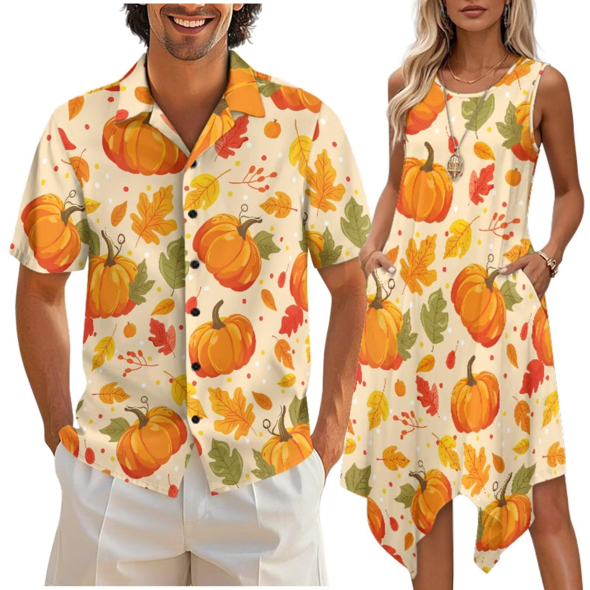 doginthehole Matching Hawaiian Outfits for Couples Men's Button Down Shirt Sleeveless Sundresses Summer Dress for Women
