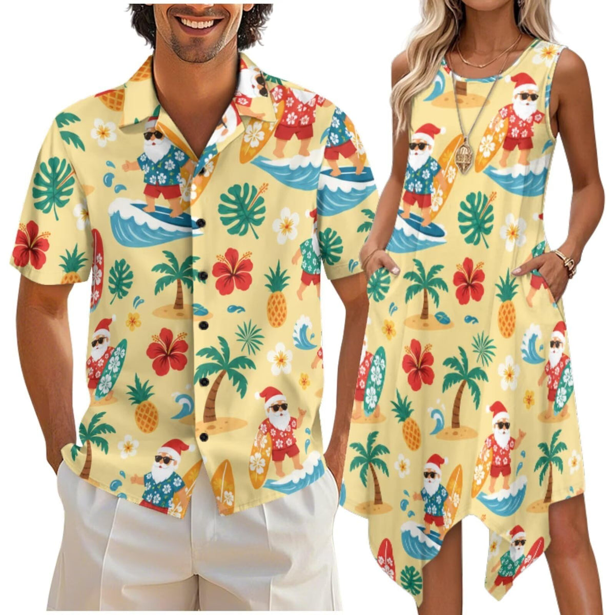 doginthehole Matching Hawaiian Outfits for Couples Men's Button Down Shirt Sleeveless Sundresses Summer Dress for Women