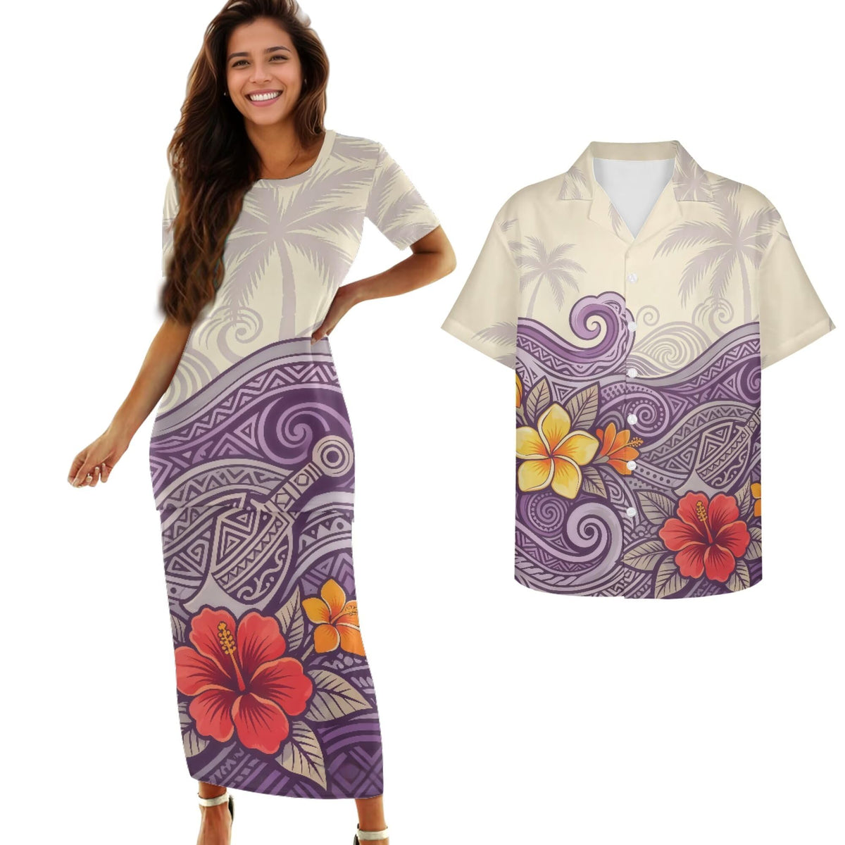 Samoa Couple Outfit Polynesian Dress for Women Traditional Puletasi Shirts for Men Beach Lava Lava Luau