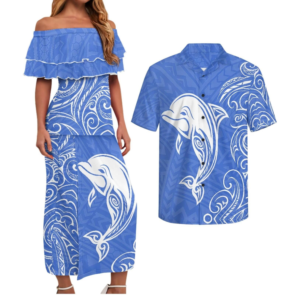 Polynesian Couples Matching Outfits Short Sleeve Puletsai Samoan Traditional Dress & Man Shirts