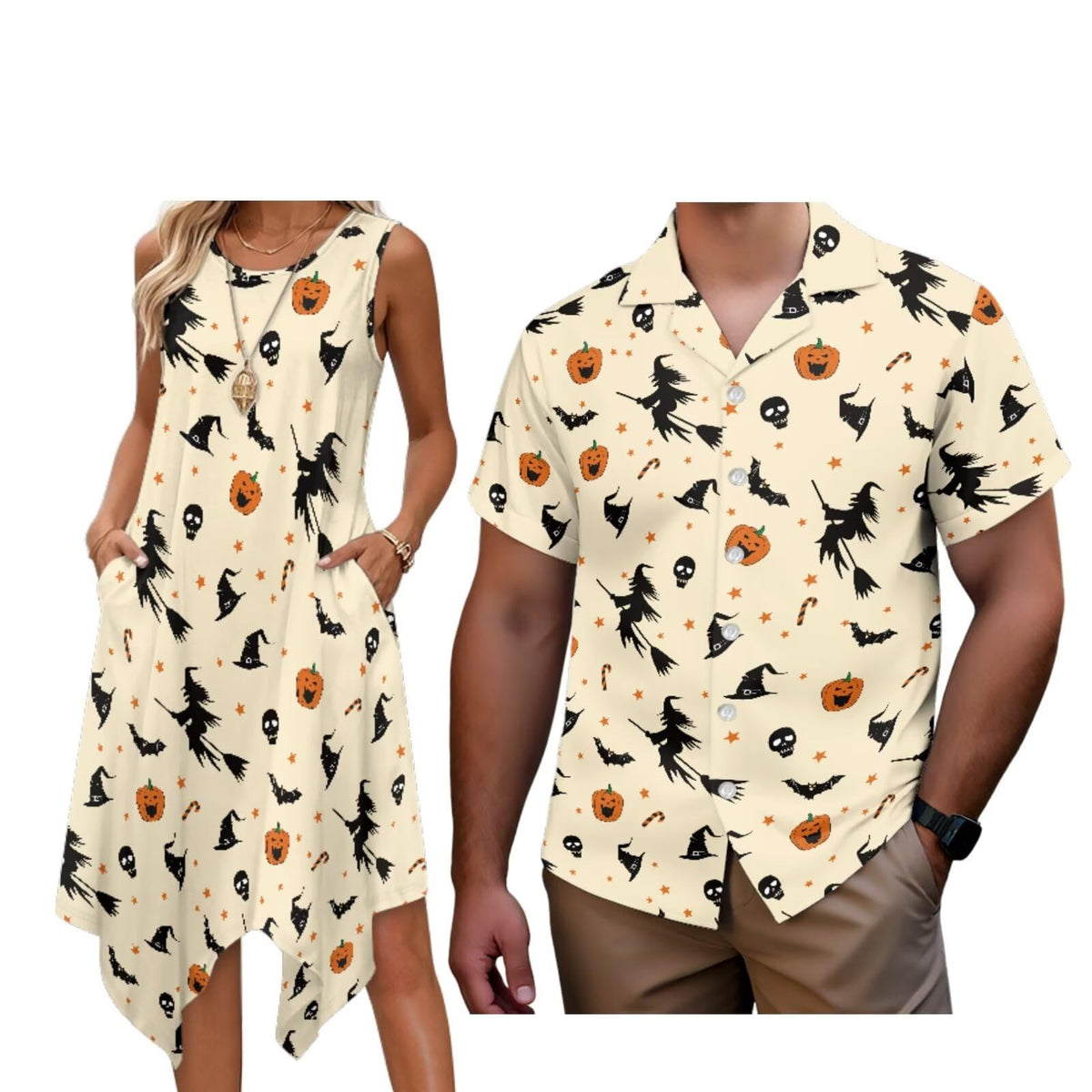 Matching Hawaiian Outfits for Couples Womens Asymmetrical Midi Dress Mens Beach Shirts Short Sleeve Button Up Shirt