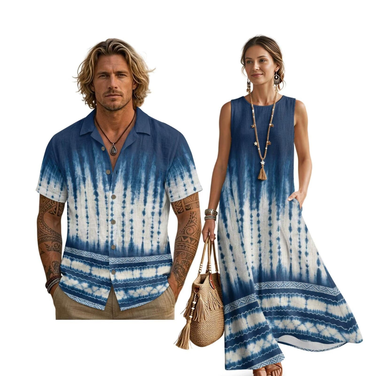 Women's Summer Dresses Sleeveless Sundresses, Men's Button Down Short Sleeve Shirts, Linen Couple Matching Outfits
