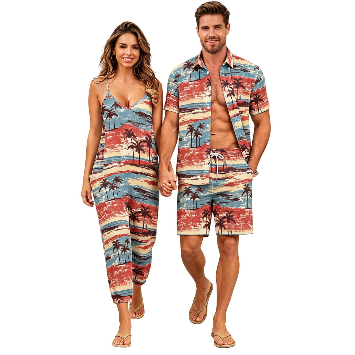 Matchable Couple Hawaiian Luau Men Shirt or Women V-Neck Jumpsuit