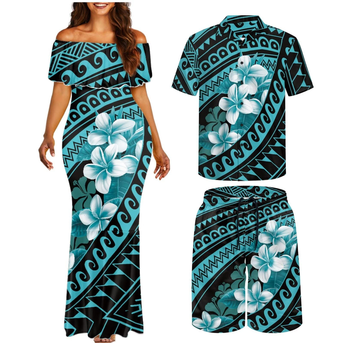 Matchable Couple Hawaiian Polynesian Puletasi Samoa Womens Dress with Mens Shirt and Mens Shorts Couple Set