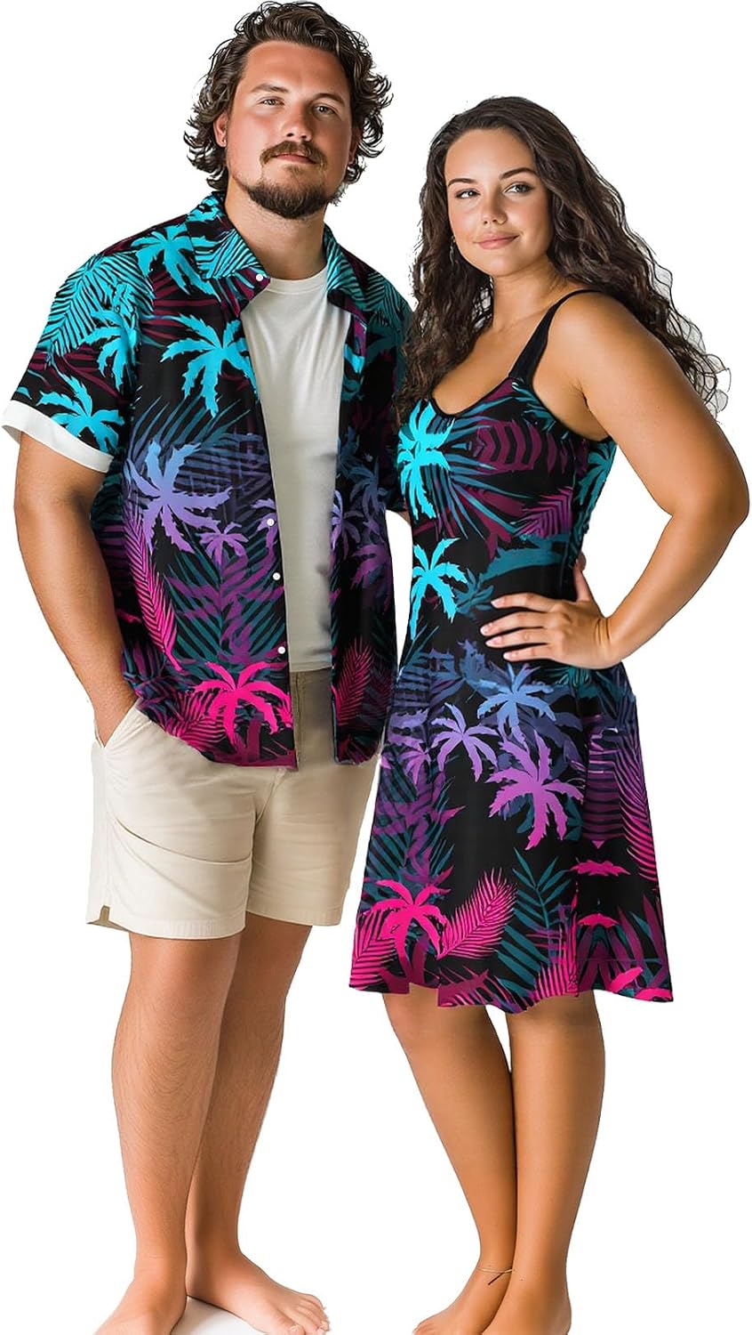 ROSE GAL Matchable Couple Hawaiian Coconut Tree Print Shirt or Plus Size Knee Length Fit and Flare Tank Dress