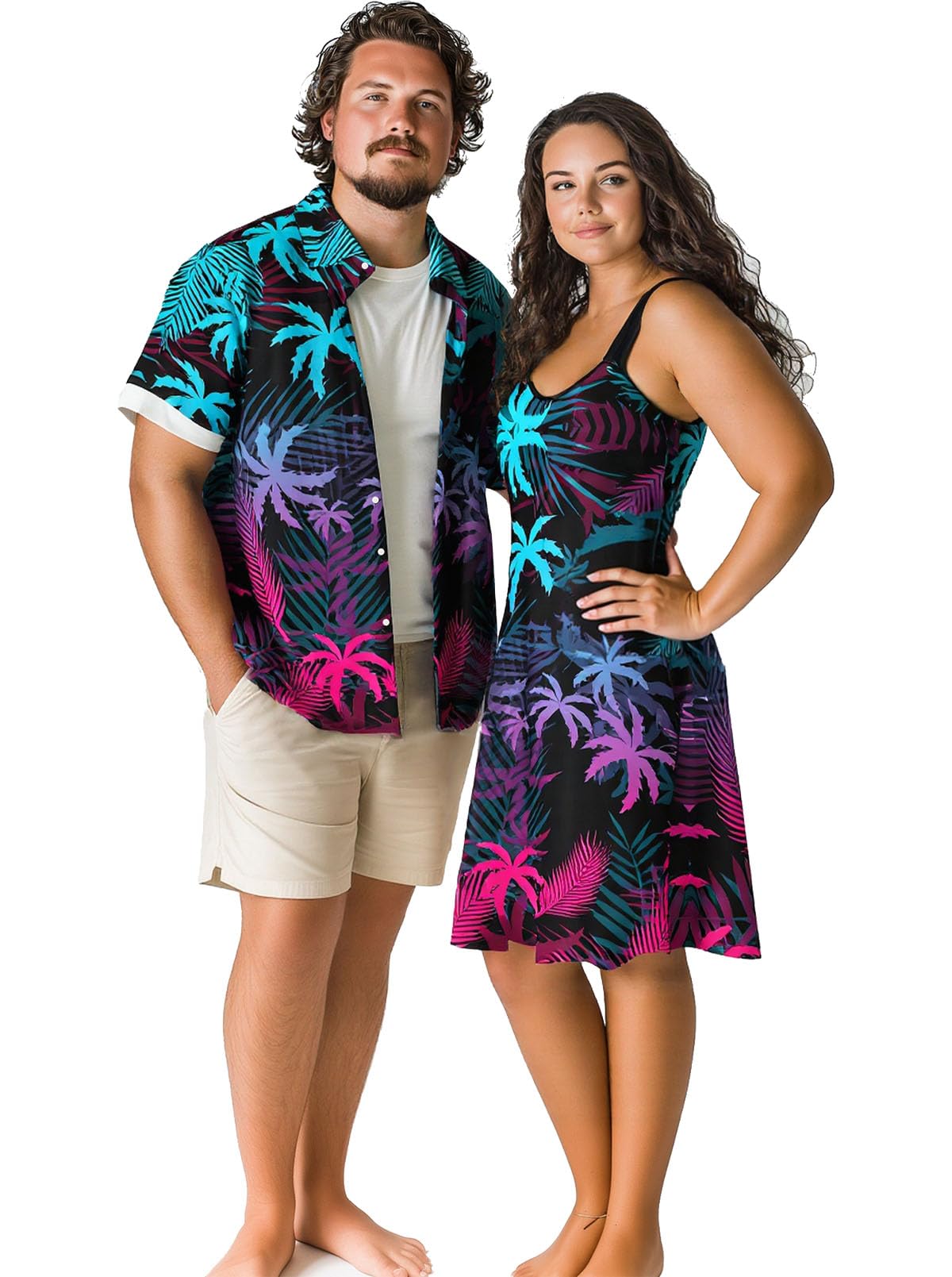 ROSE GAL Matchable Couple Hawaiian Coconut Tree Print Shirt or Plus Size Knee Length Fit and Flare Tank Dress