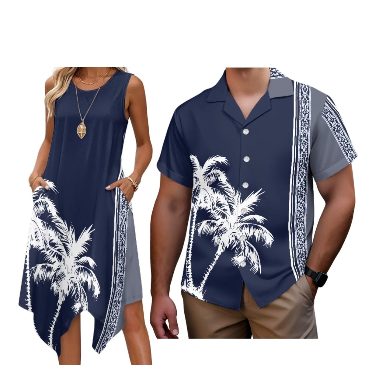 Matching Hawaiian Outfits for Couples Womens Asymmetrical Midi Dress Mens Beach Shirts Short Sleeve Button Up Shirt