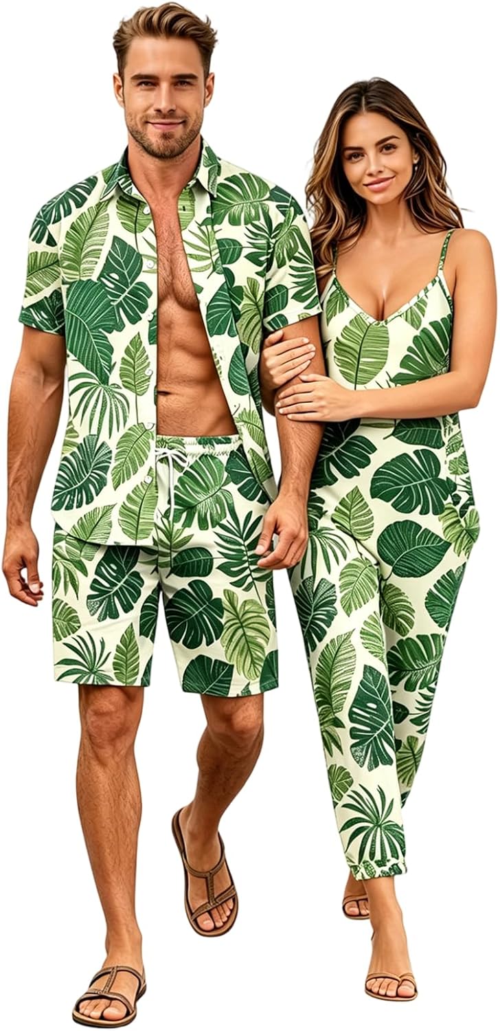 Matchable Couple Hawaiian Luau Men Shirt or Women V-Neck Jumpsuit