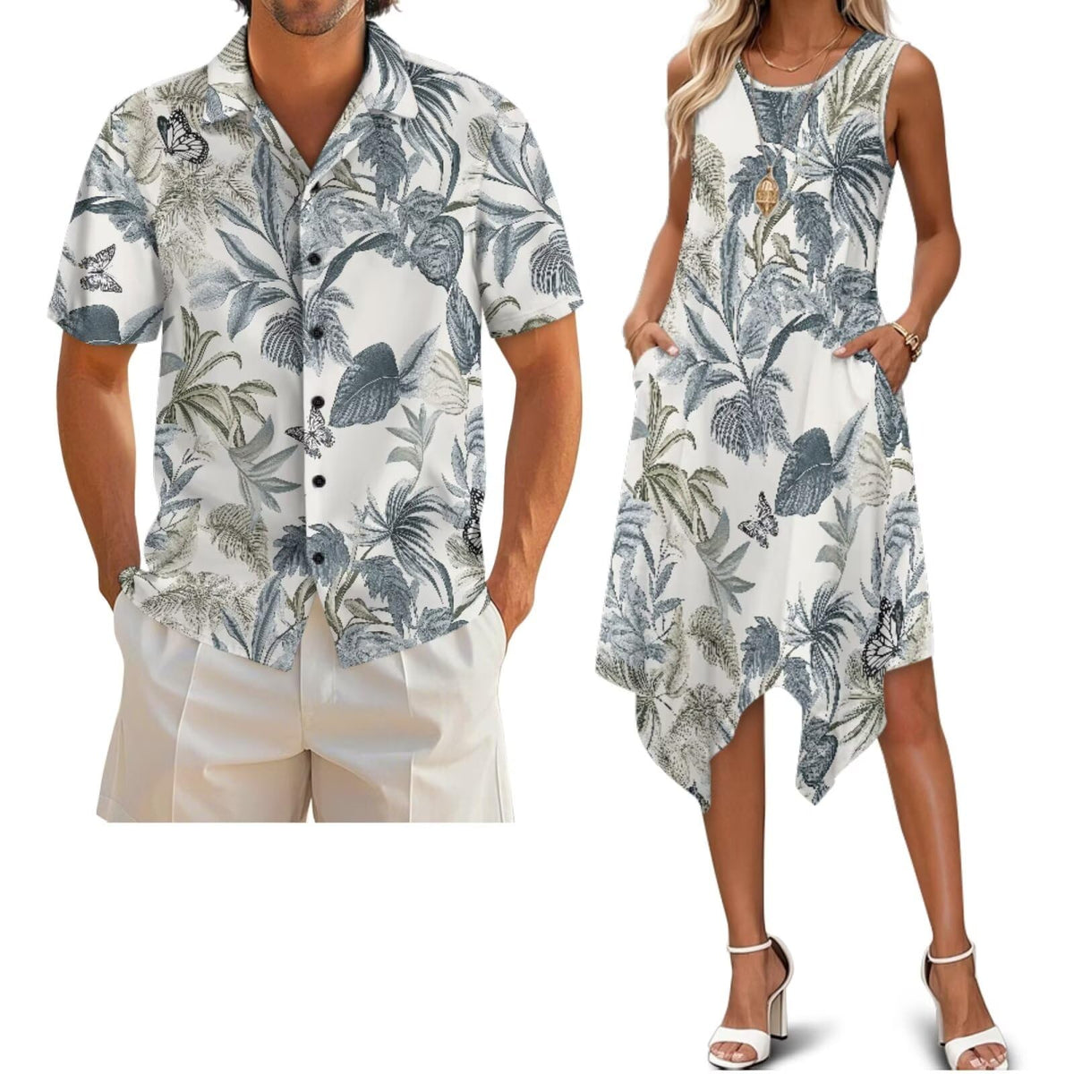 Belidome Couples Matching Outfits Husband and Wife Clothes Sleeveless Dress Button Down Short Sleeve Shirts