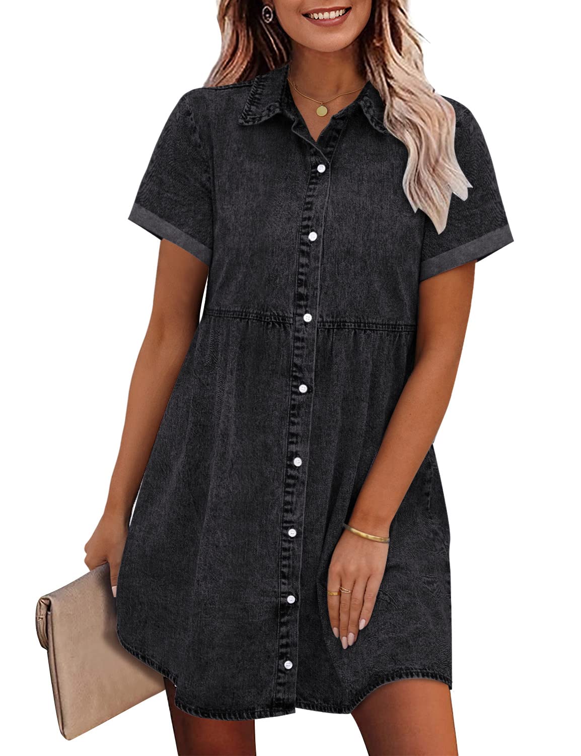GRAPENT Denim Dress for Women Babydoll Tiered Short Sleeve Button Down Jean Shirt Dresses