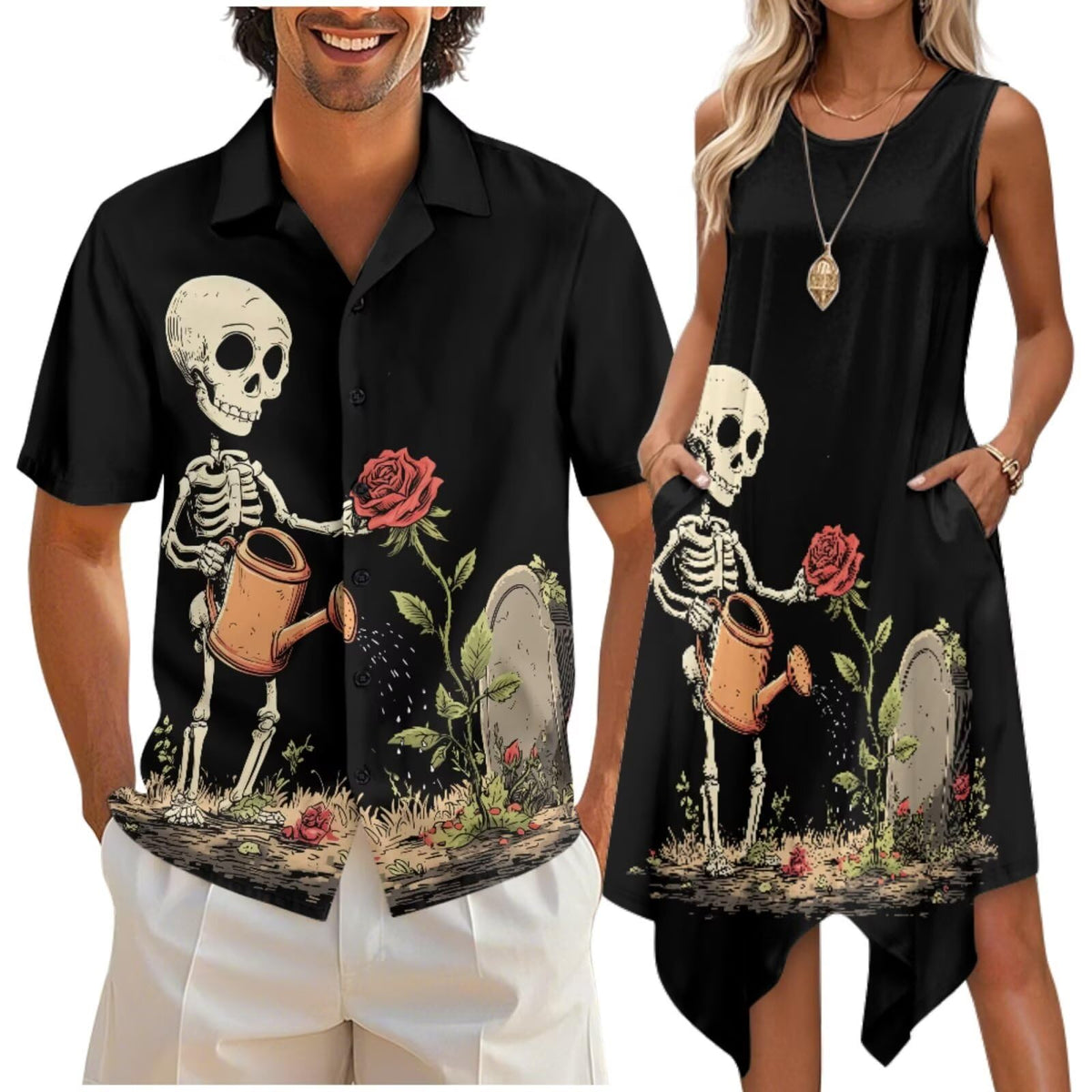 doginthehole Matching Hawaiian Outfits for Couples Men's Button Down Shirt Sleeveless Sundresses Summer Dress for Women