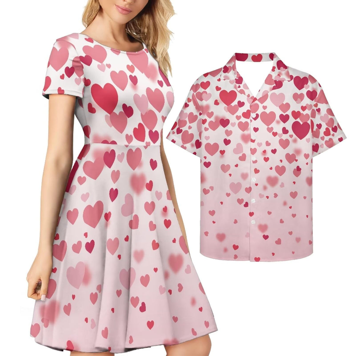 AmzPrint Couple Christmas Shirt and Dress Womens Elegant Short Sleeve Round Neck Cocktail Party Green Xmas Swing Dress